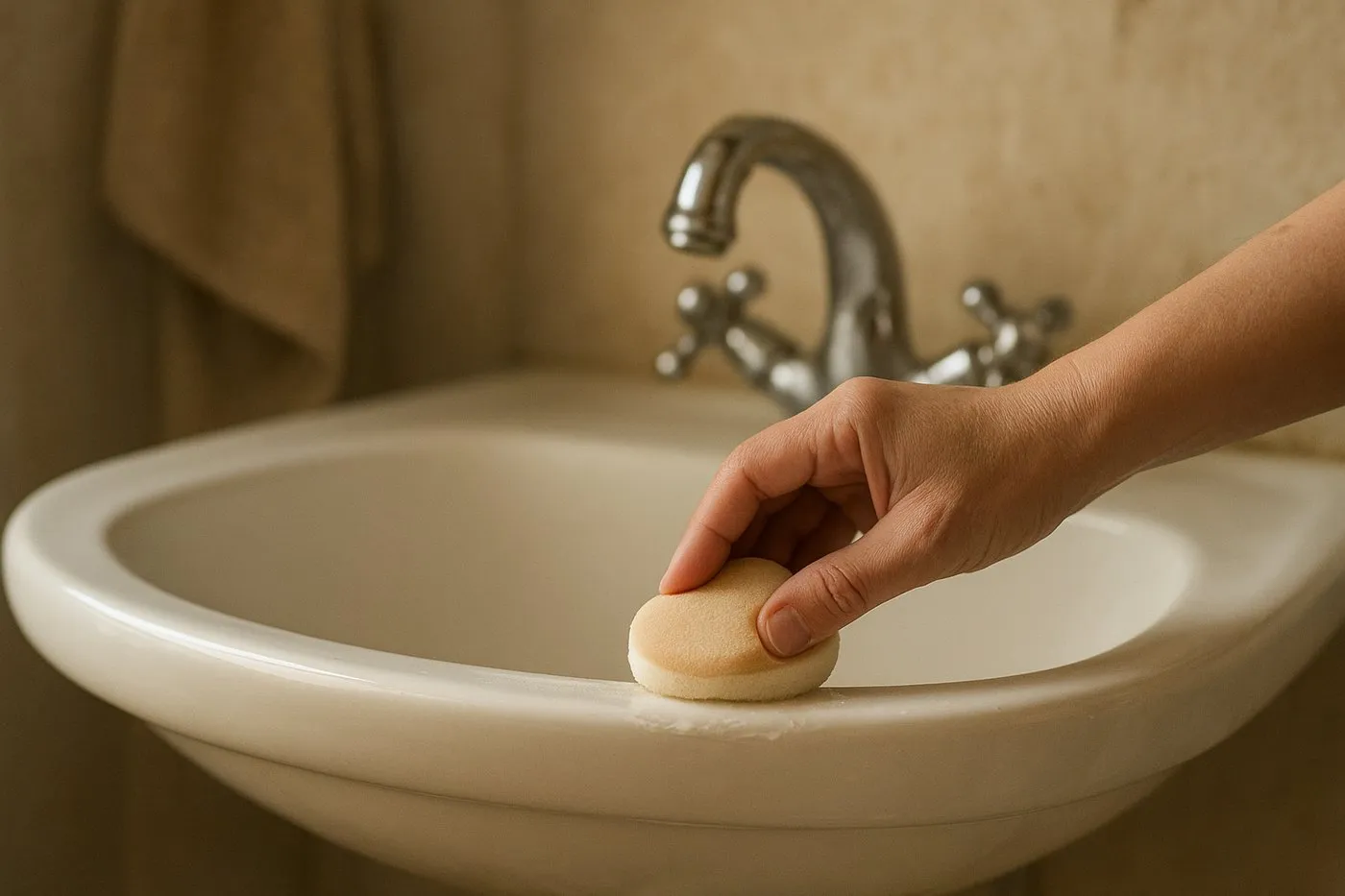 Hand som applicerar ett tunt lager bilvax på handfatskanten med en liten appliceringsdyna.