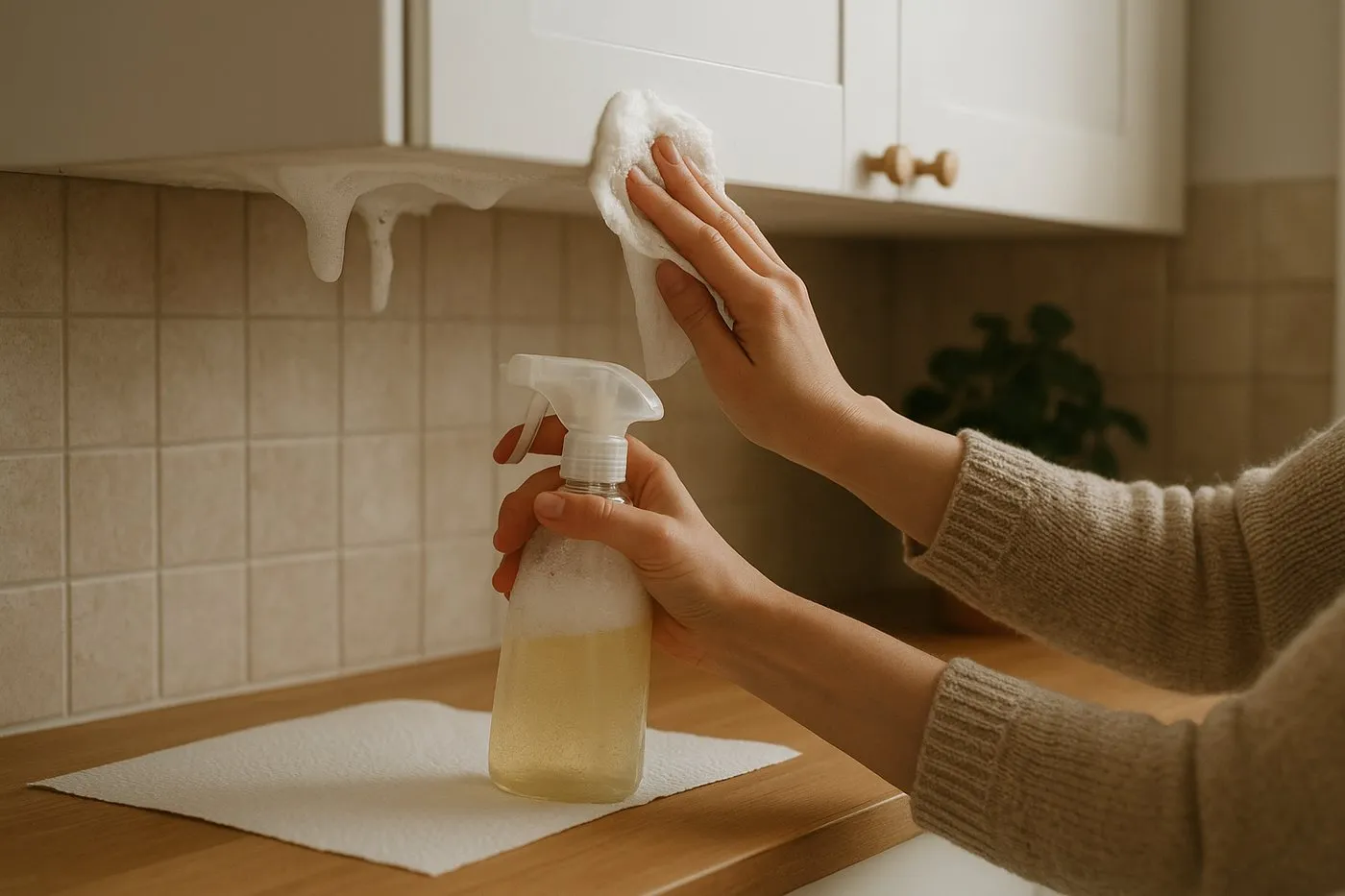 Undersidan av ett köksskåp sprayas och en hand håller en pappershandduk på bänken för att fånga dropp.