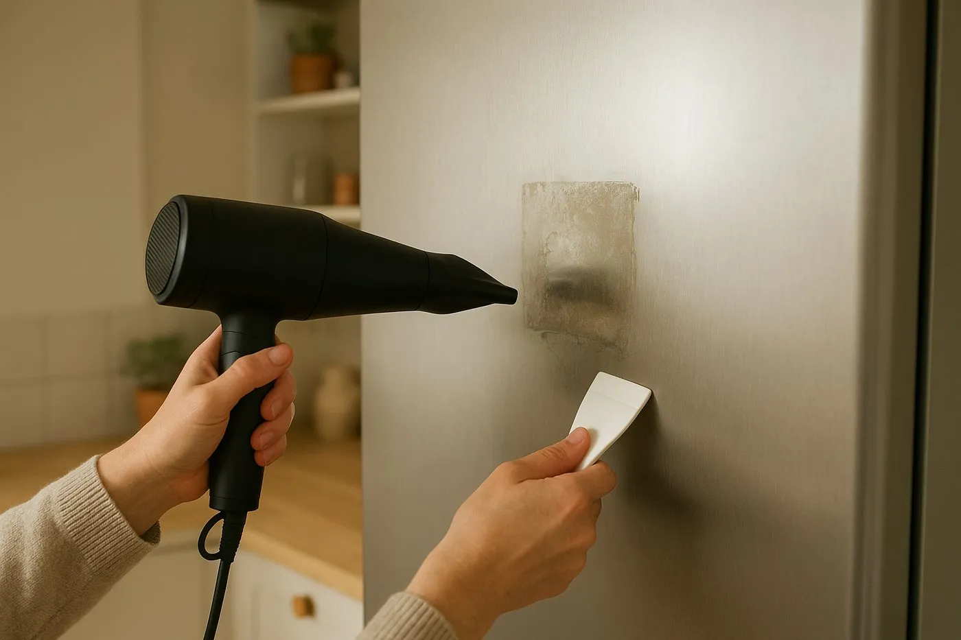 Hårtork värmer magnetrester på en kylskåpsdörr innan skrapning