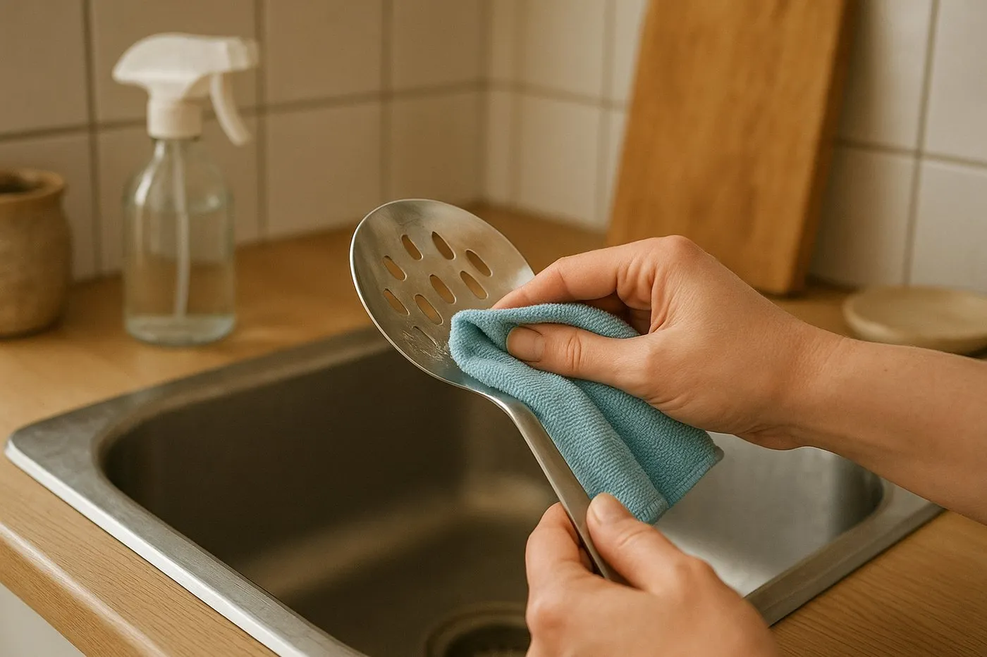 Hand som torkar en rostfri hålslev med ättikafuktad mikrofiberduk över diskhon; halva sleven redan blank.