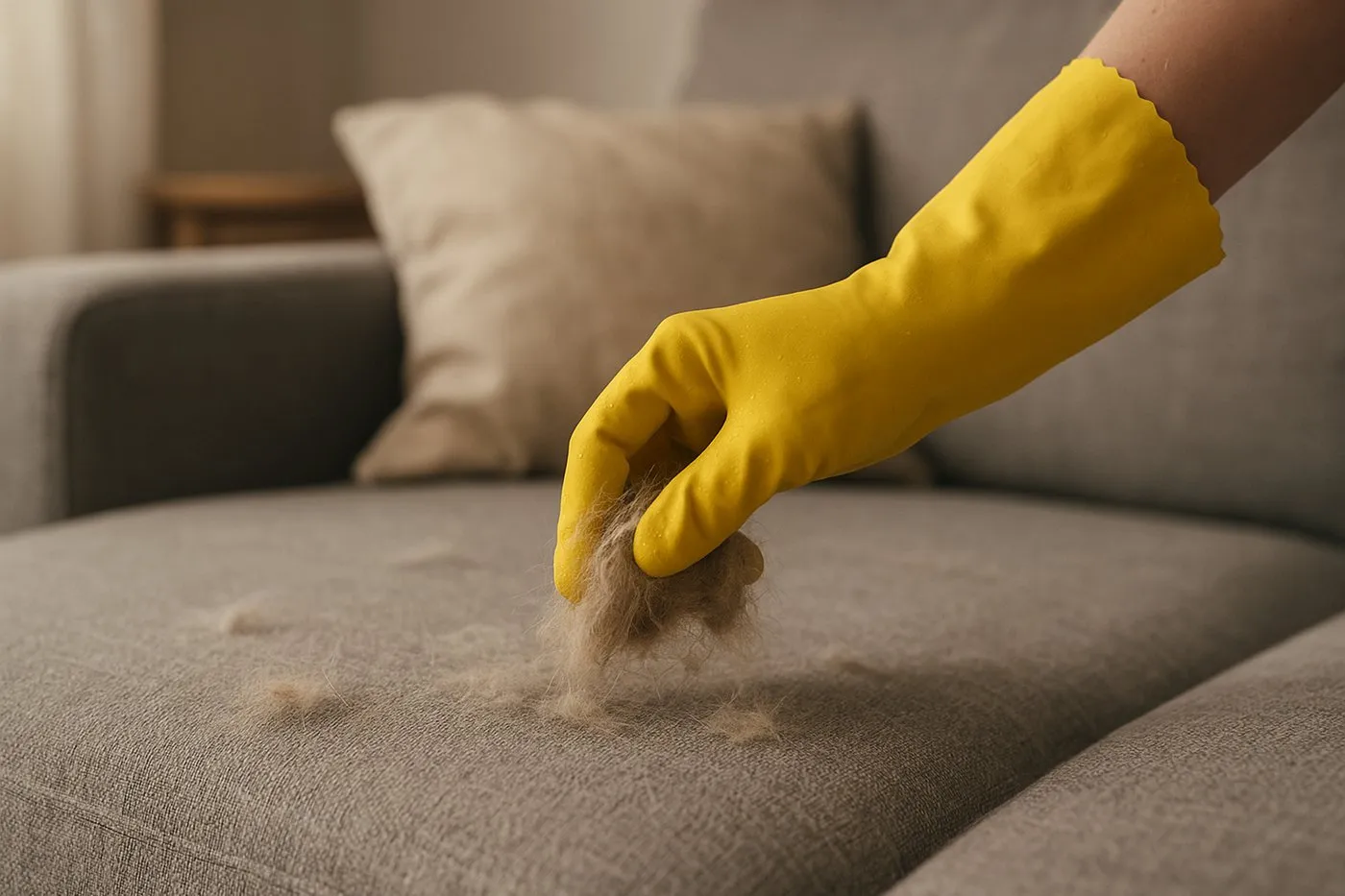 Hand i fuktig gummihandske som rullar upp katthår från en tygsoffa