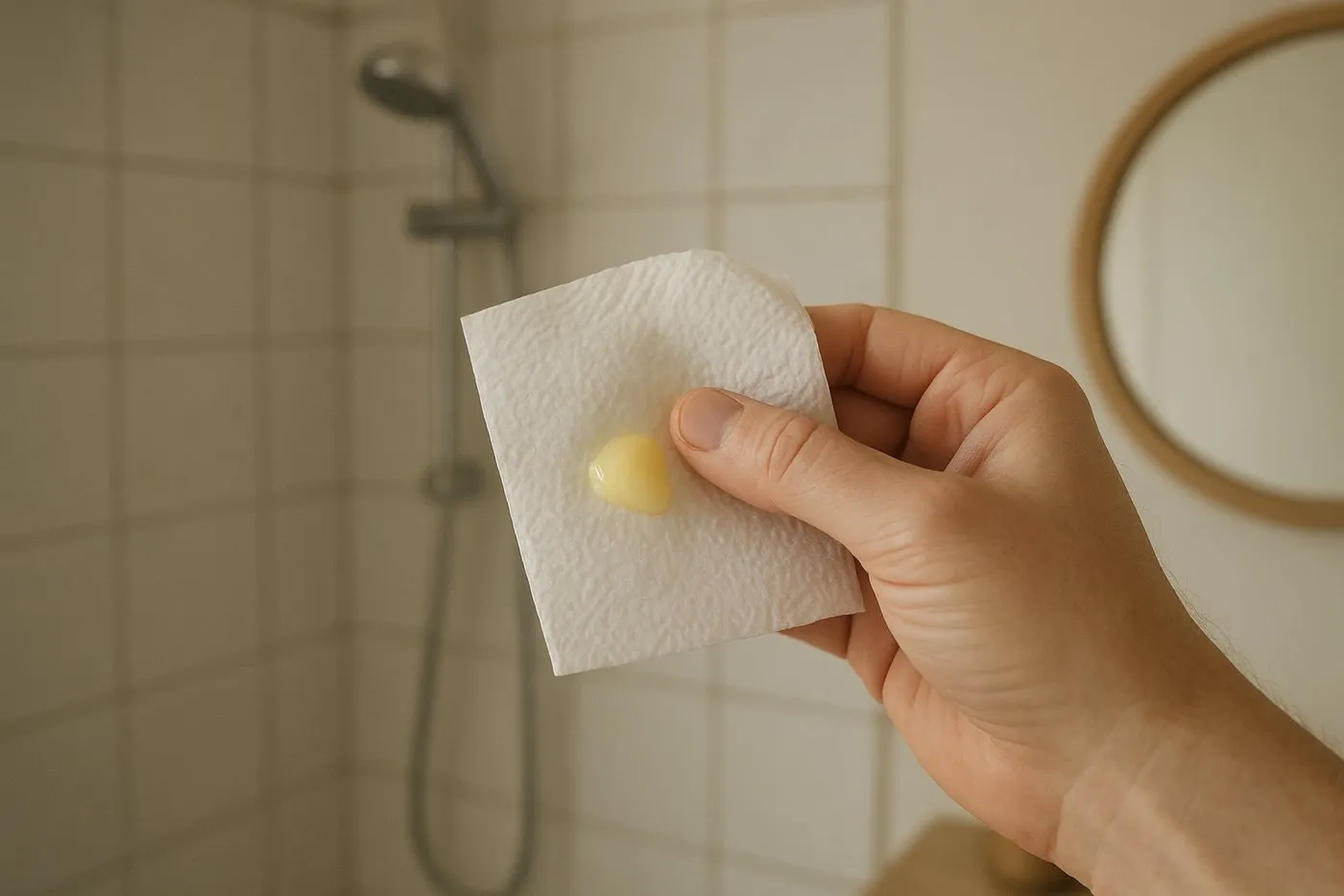En hand som luktar på en klick schampo på ett vitt hushållspapper bredvid duschen.