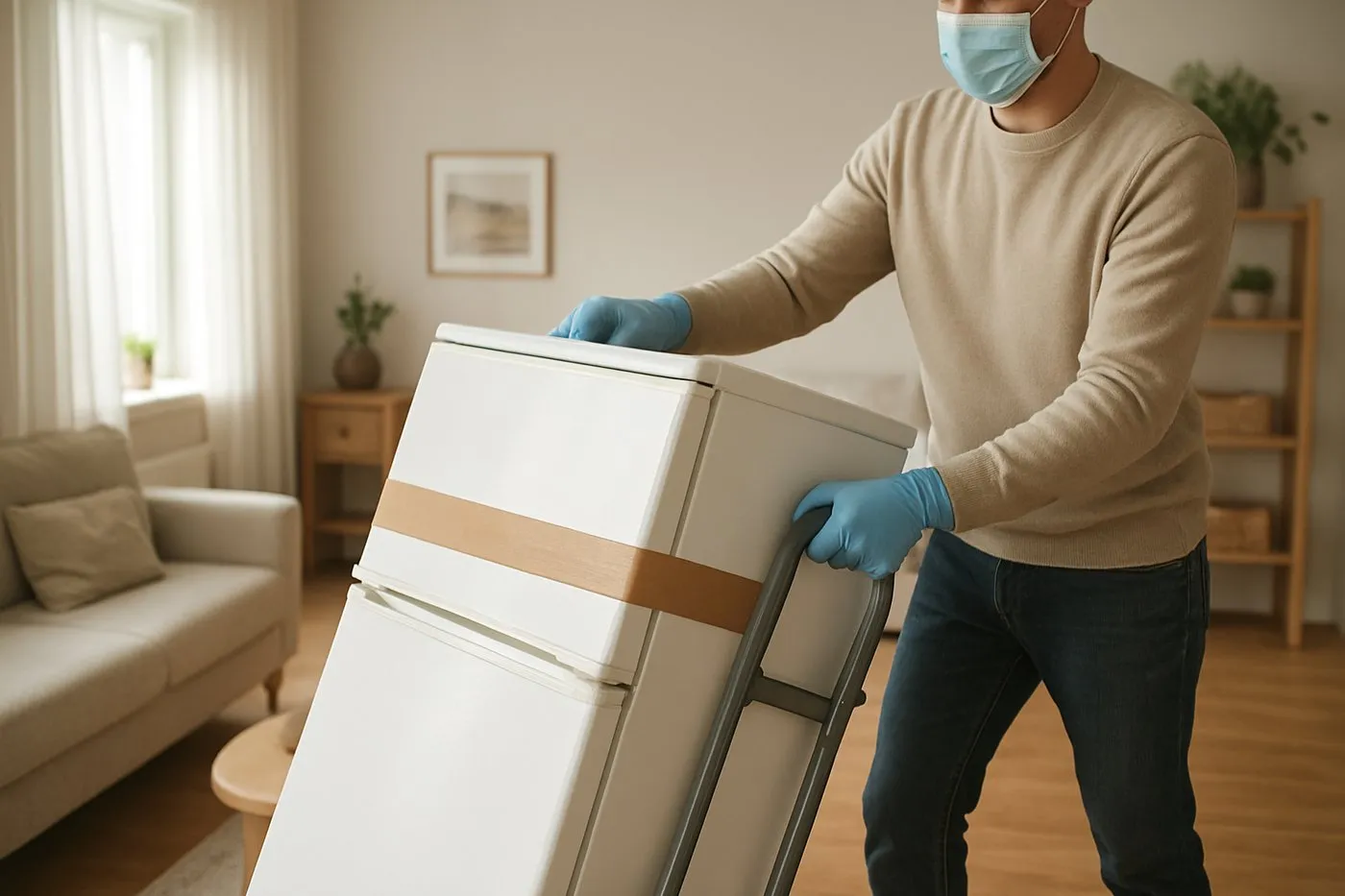Igen tejpat kylskåp som rullas ut på en pirra till återvinningen av en person med mask och handskar.