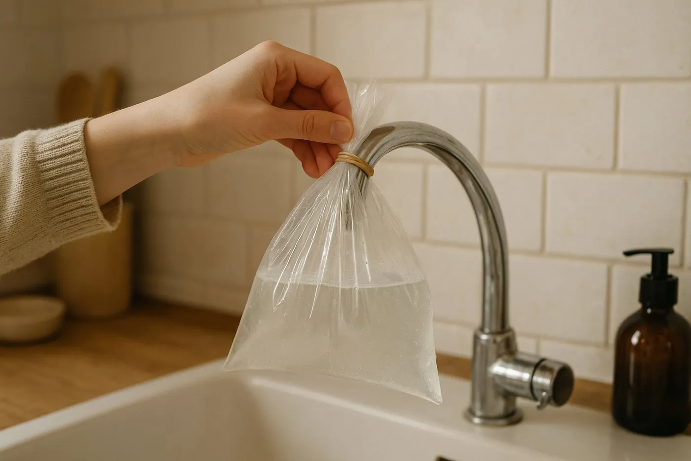 Plastpåse med citronsyralösning fastsatt runt kranens munstycke med en gummisnodd.