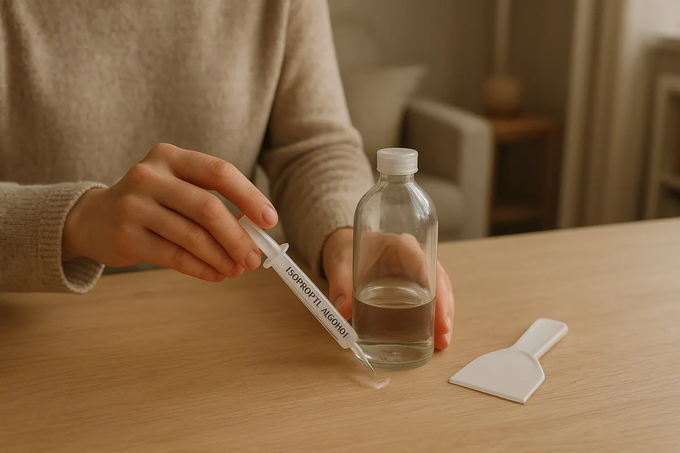 En hand droppar isopropylalkohol med en liten spruta runt flaskans kant, med en plastskrapa bredvid.
