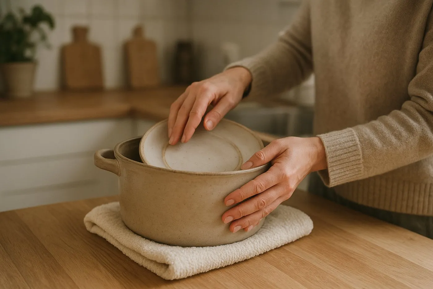 Kastrull på en hopvikt handduk medan någon knackar lätt runt kanten för att lossa en tallrik inuti.