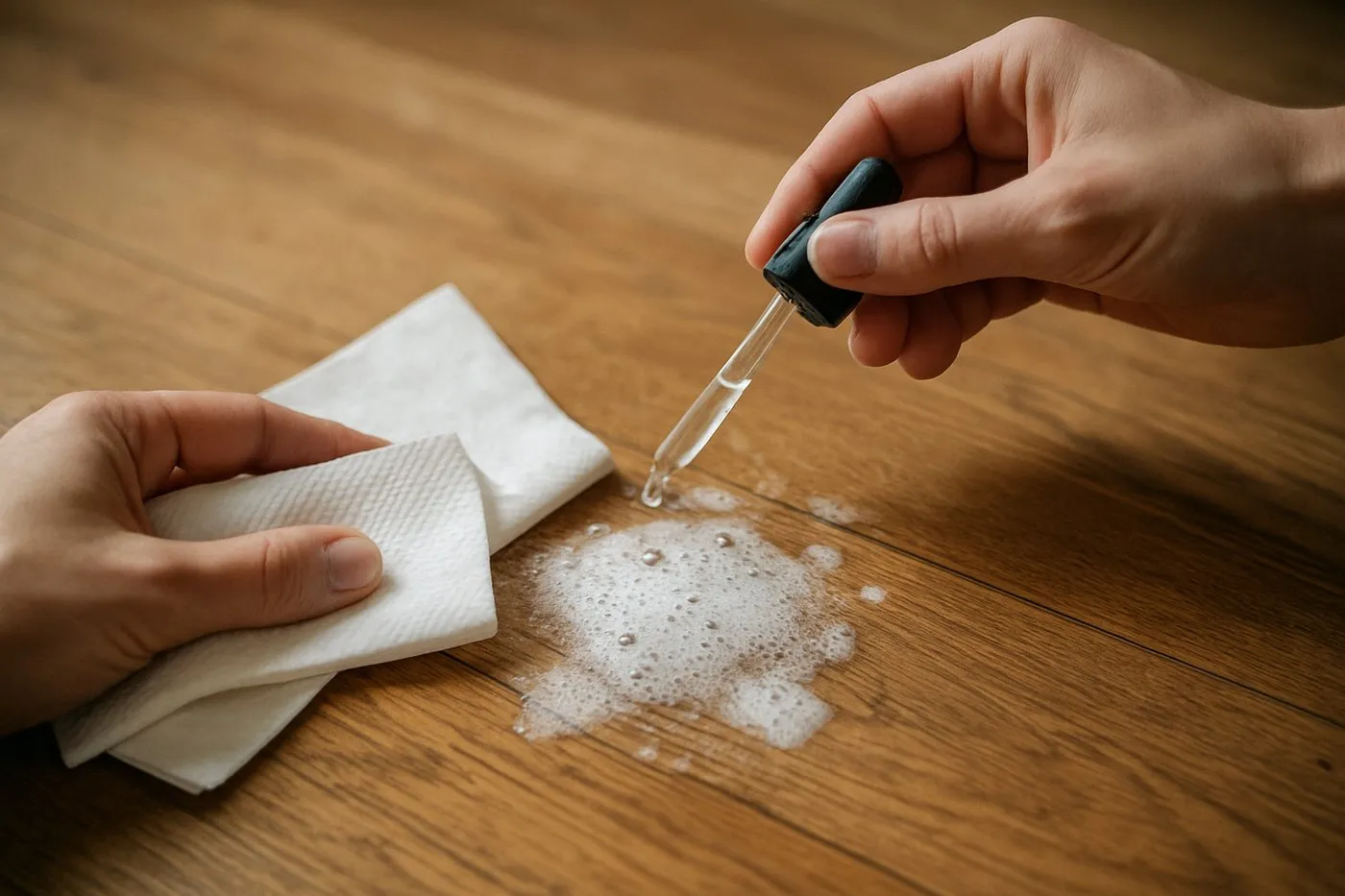 Närbild på skummande reaktion när ättika droppas på spill, hushållspapper som baddar upp.