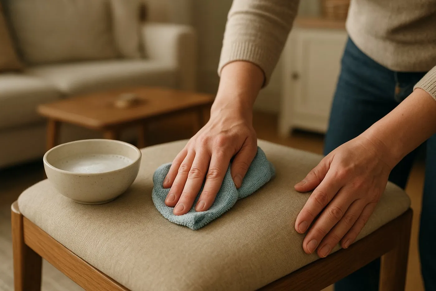 Hand som torkar av en stolskudde med en lätt fuktad mikrofibertrasa.