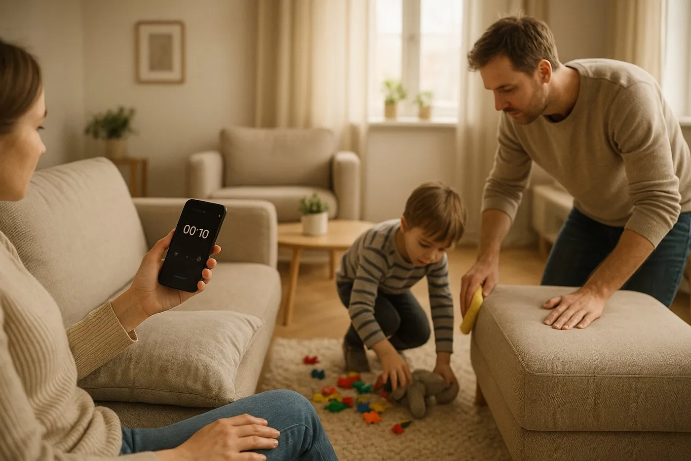 Familj som gör ett snabbt 10‑minutersplock i vardagsrummet med en timer på mobilen.