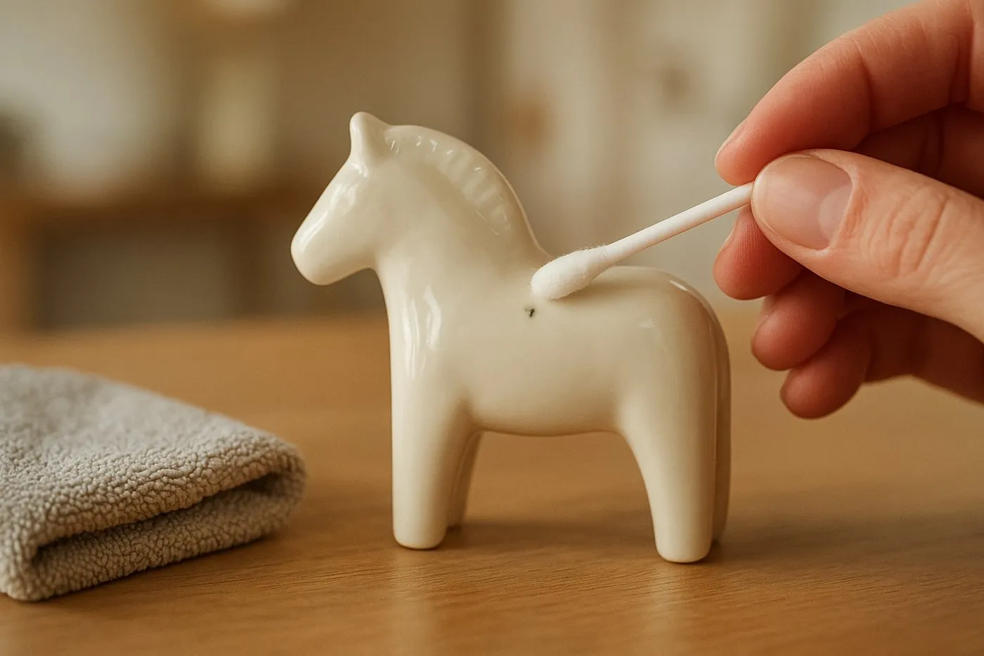 En tops med lite isopropanol duttas försiktigt på en envis tuschfläck på en blank figur.
