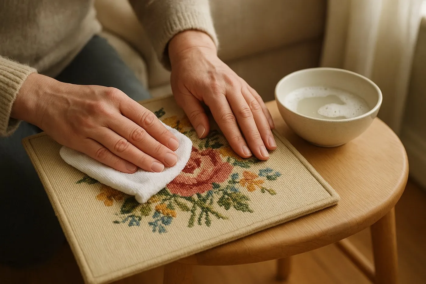 Närbild: en vit mikrofiberduk som baddar en fläck på nålbroderiet med liten skål vatten bredvid.