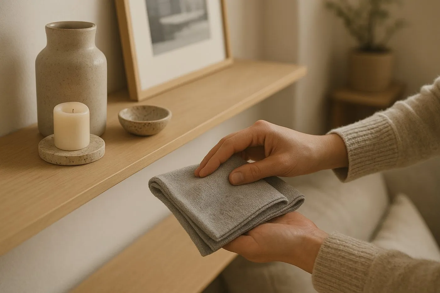 Närbild på händer som viker en mikrofiberduk i fyrkant och torkar av mellan småprylar på en hylla.