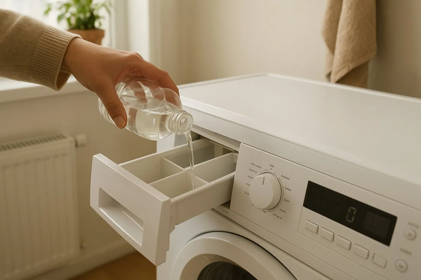 Ättika hälls i sköljmedelsfacket på en tvättmaskin för att mjuka upp handdukar.