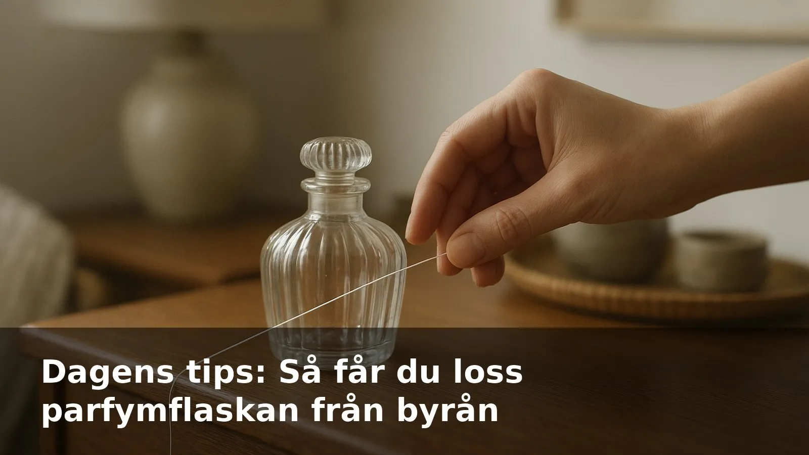Hand som drar tandtråd under en fastklistrad parfymflaska på en träbyrå.