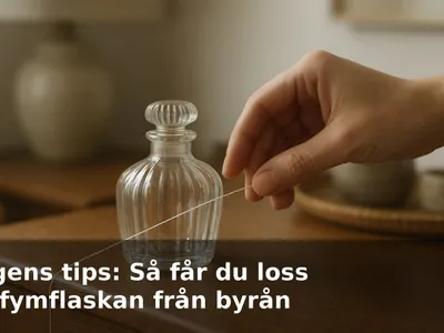 Hand som drar tandtråd under en fastklistrad parfymflaska på en träbyrå.