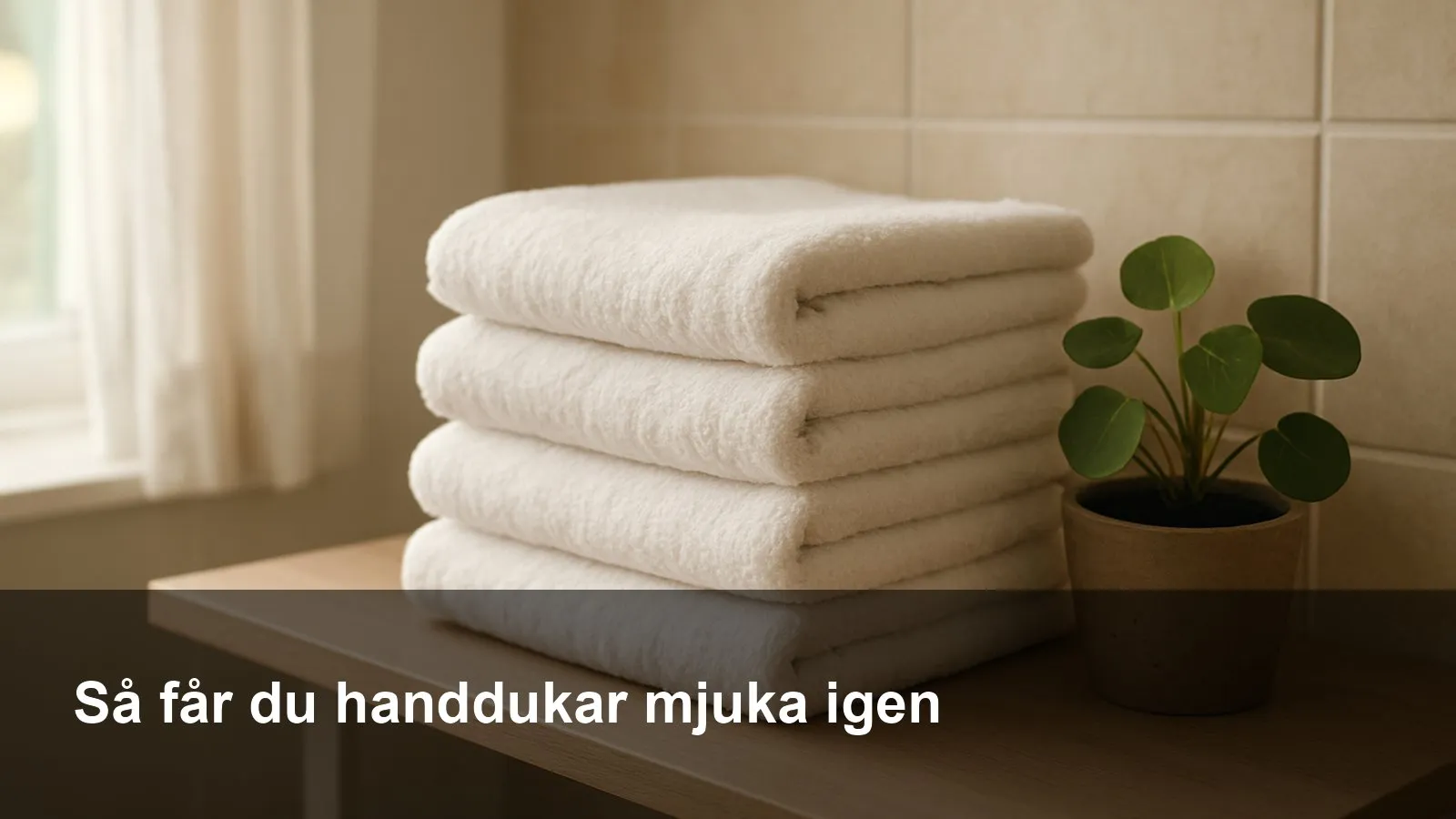 En hög nytvättade, fluffiga vita handdukar på en badrumshylla i mjukt dagsljus.