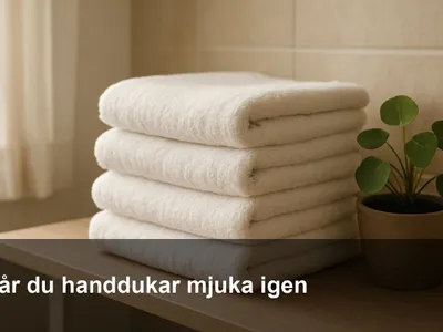 En hög nytvättade, fluffiga vita handdukar på en badrumshylla i mjukt dagsljus.