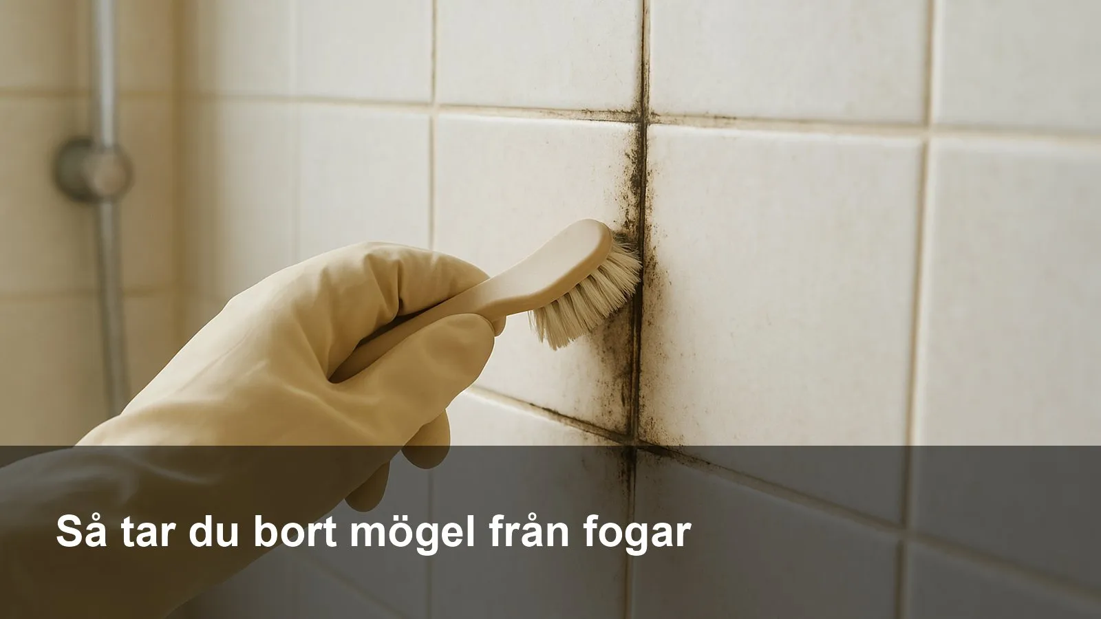 Hand i gummihandske som skrubbar svartmögel i vita badrumsfogar med en liten borste vid duschens kakelvägg.