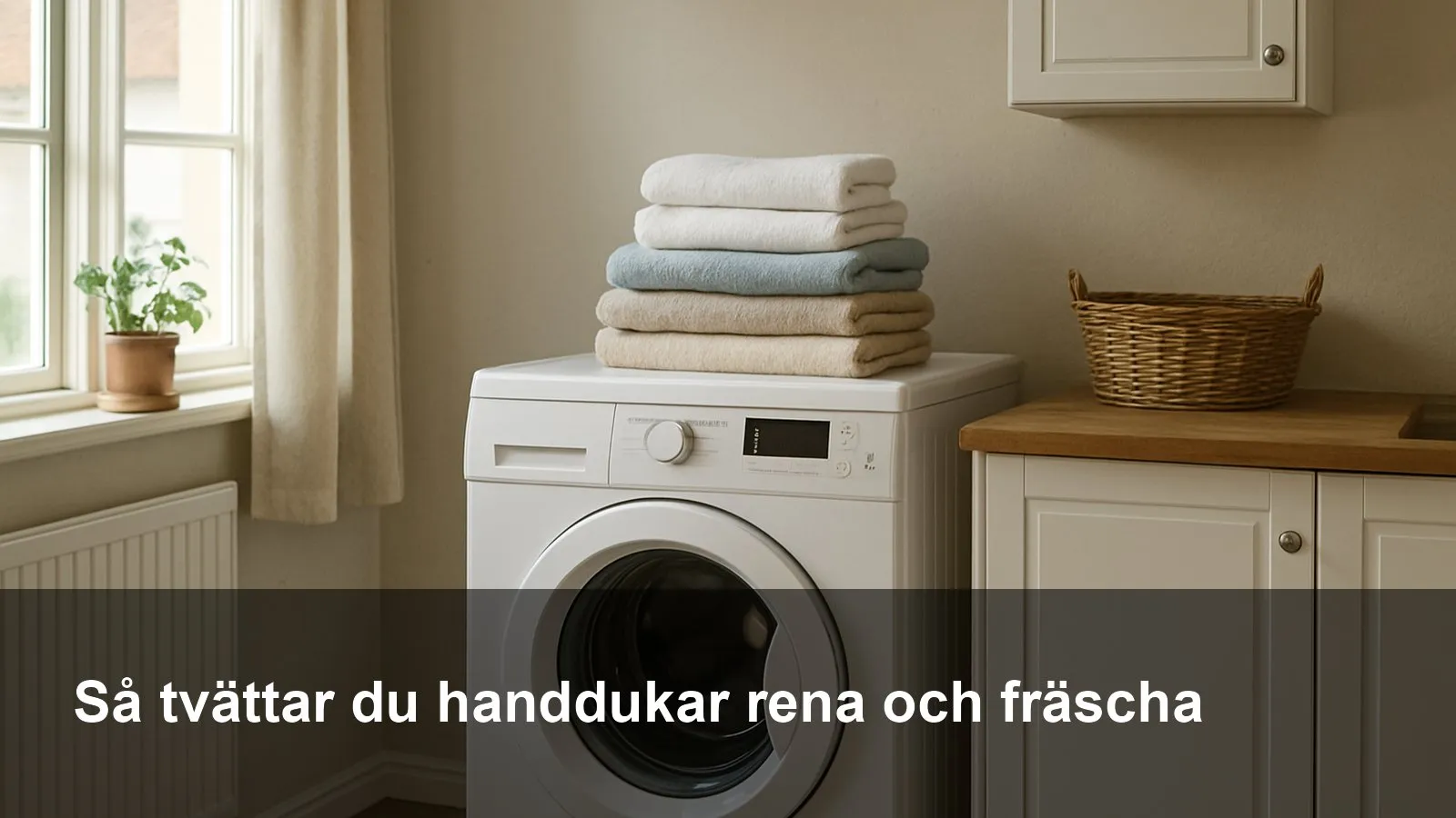 Ny-tvättade vita och färgade handdukar vikta i en hög på en tvättmaskin i ett ljust tvättrum.
