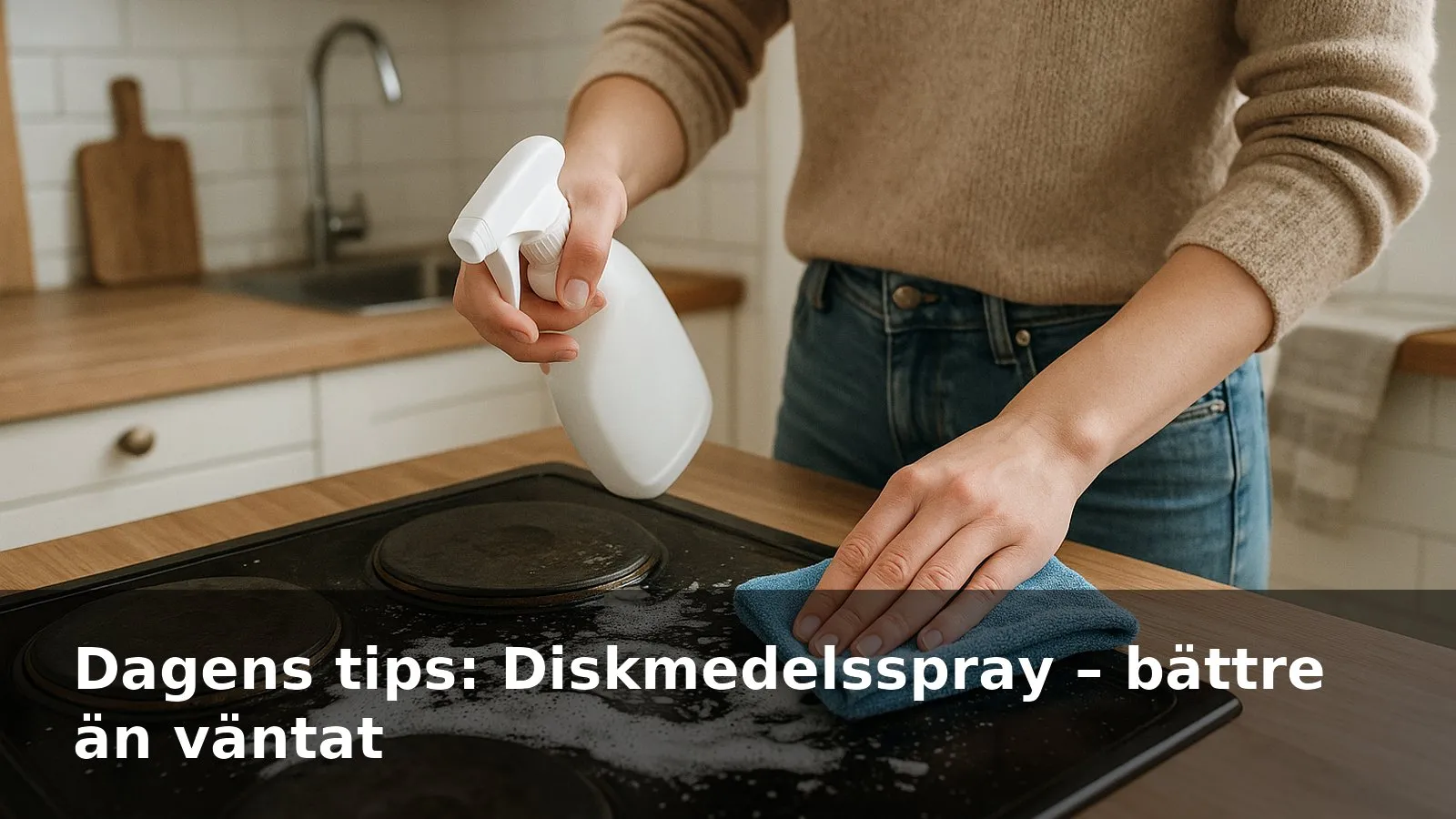 En hand som sprayar diskmedelsspray på en smutsig spishäll och torkar med mikrofiberduk.