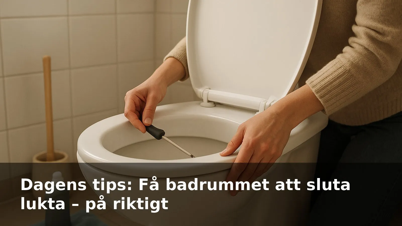 Närbild på en hand som skruvar loss toalettsitsens gångjärn i ett ljust, rent badrum.