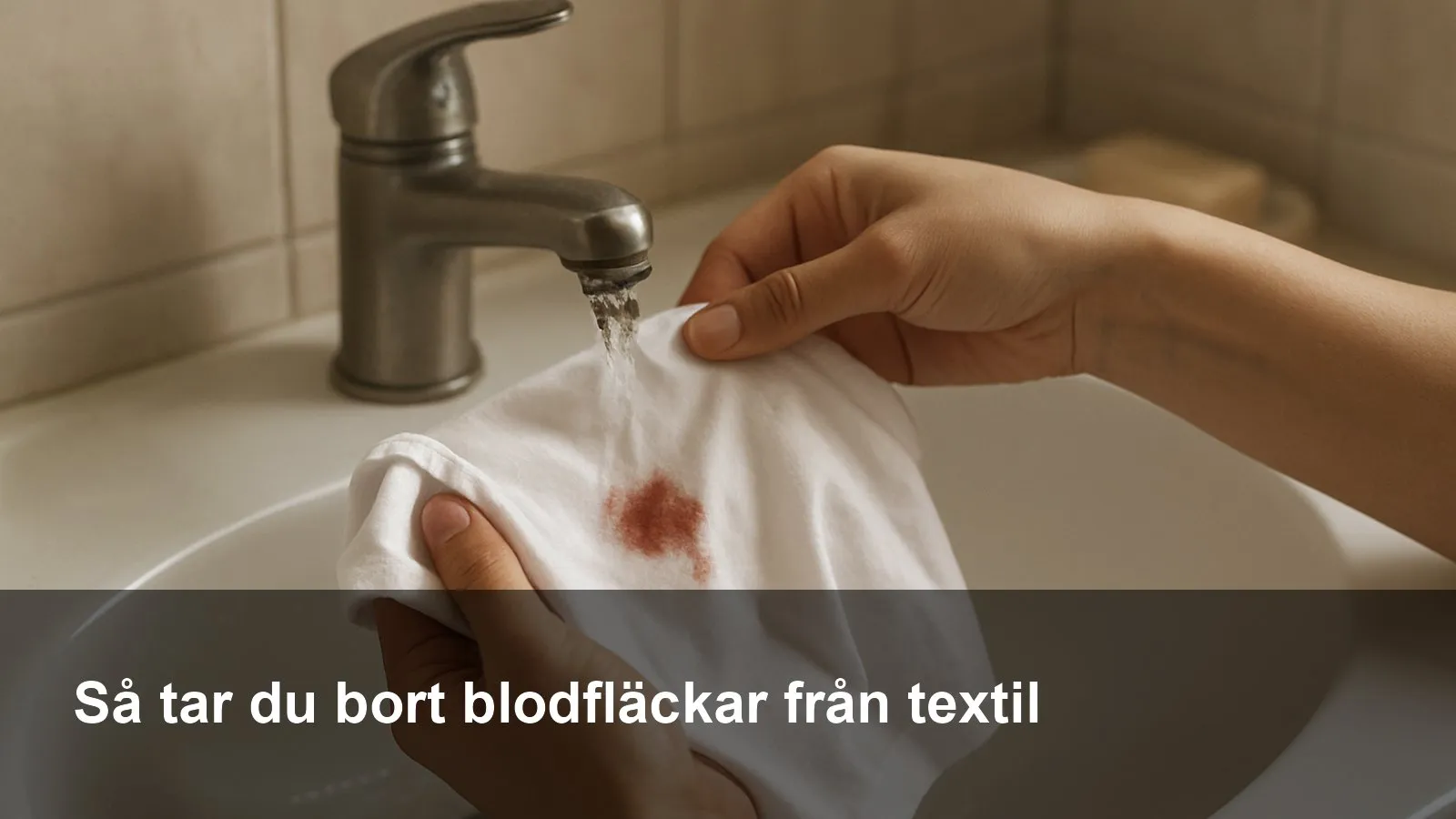 Hand som spolar bort en blodfläck från en vit T‑shirt under kranen med kallt vatten i en handfat.