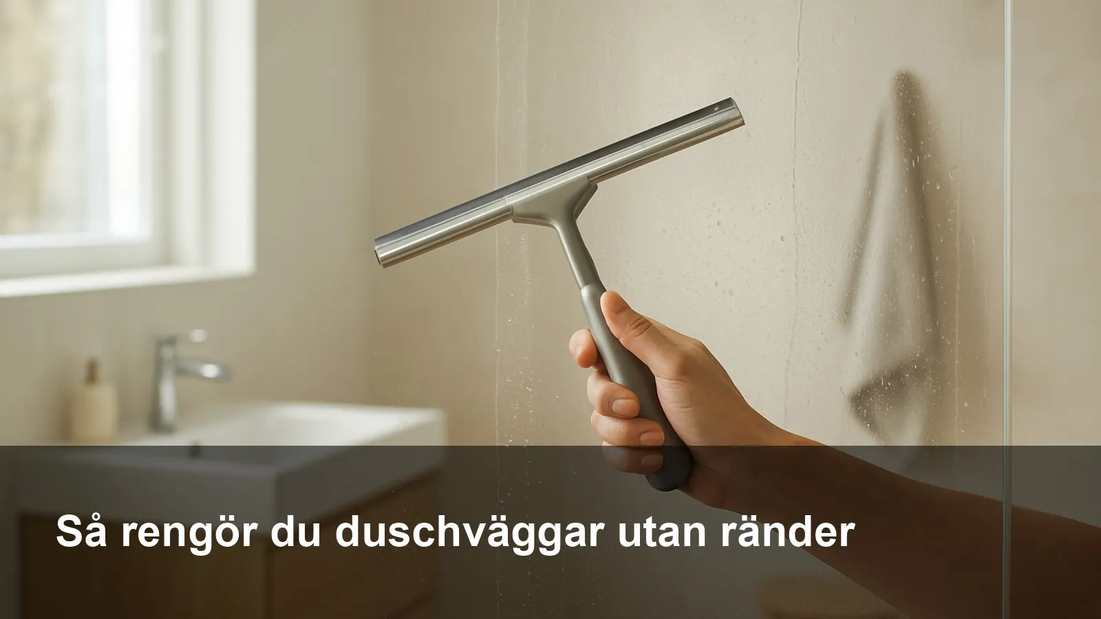 Hand som skrapar vatten från en glasduschvägg med fönsterskrapa – klart glas utan ränder.