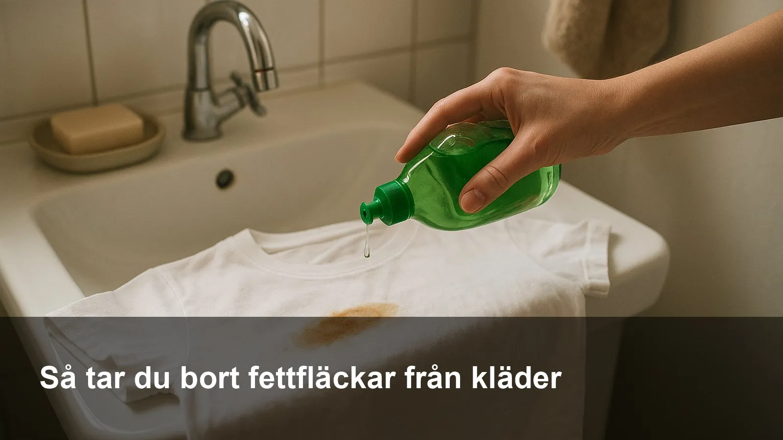Diskmedel masseras in på en fettfläck på en mörk t-shirt vid handfatet.