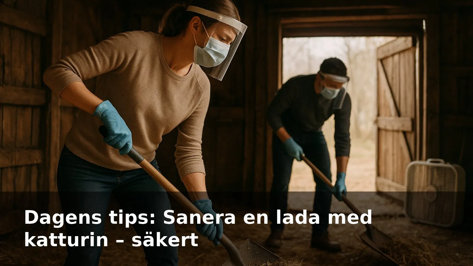 Frivilliga i skyddsmask och engångsoverall som skyfflar ut smuts ur en gammal lada med en fläkt i öppningen.