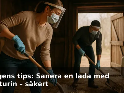 Frivilliga i skyddsmask och engångsoverall som skyfflar ut smuts ur en gammal lada med en fläkt i öppningen.