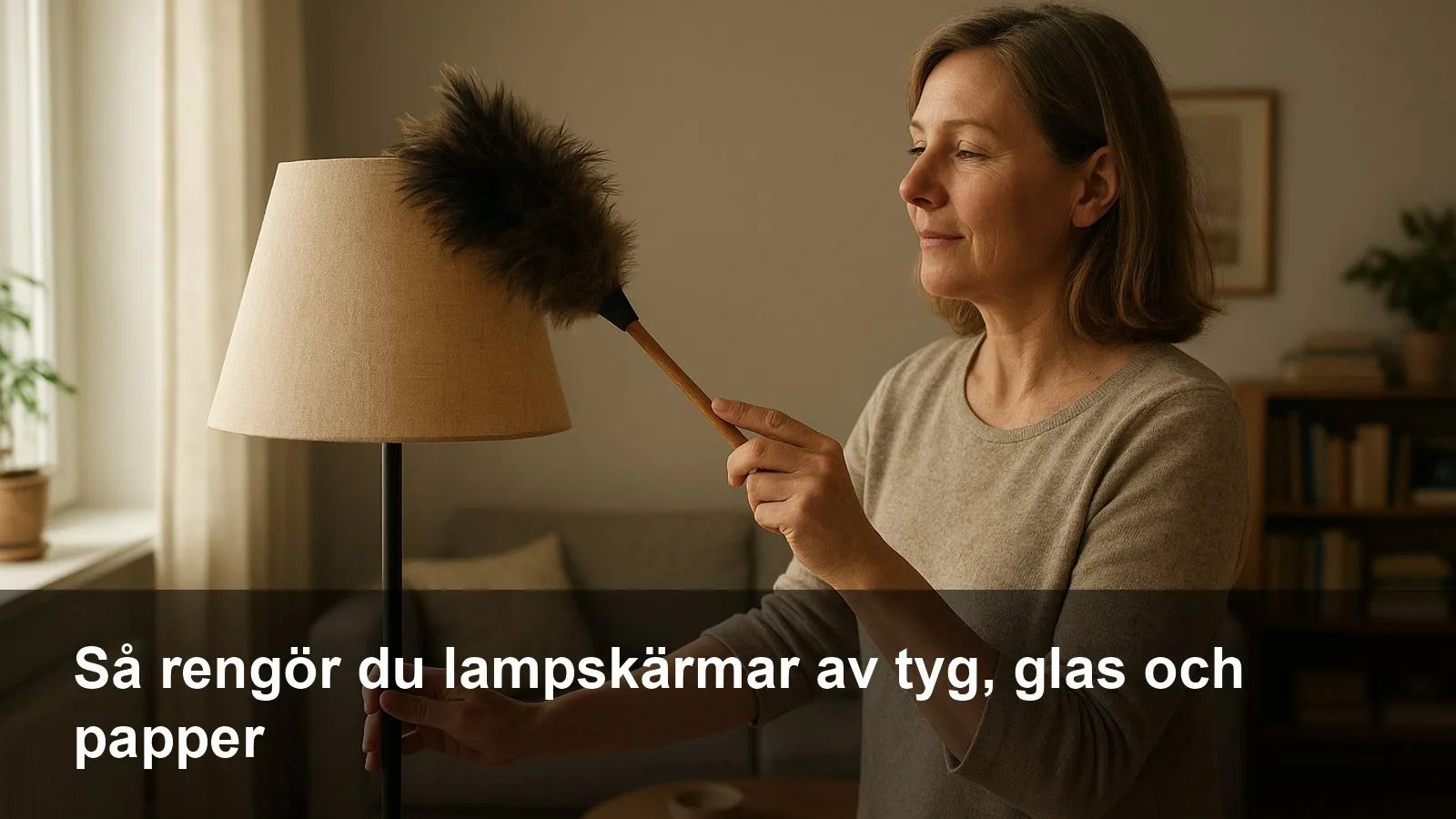 En person dammar en tygskärm på en golvlampa med en mjuk dammvippa i ett vardagsrum.