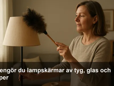 En person dammar en tygskärm på en golvlampa med en mjuk dammvippa i ett vardagsrum.