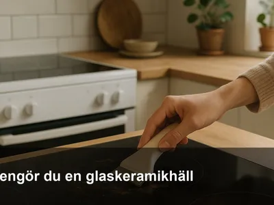 Hand skrapar bort fastbränt på svart glaskeramikhäll med hällskrapa.