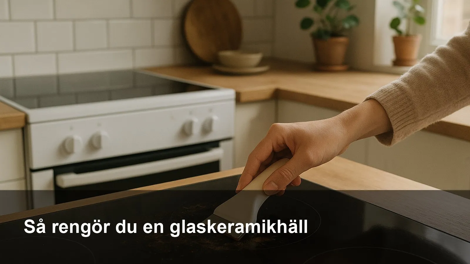 Hand skrapar bort fastbränt på svart glaskeramikhäll med hällskrapa.