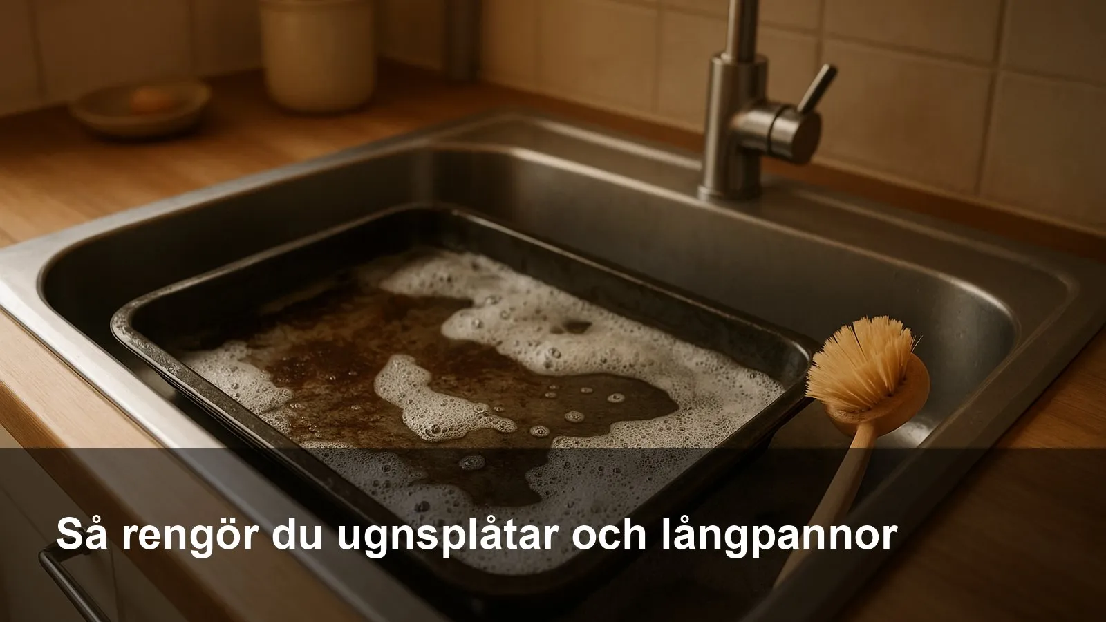 Ugnsplåt som blötläggs i hett vatten med diskmedel i diskhon, med skum och diskborste intill.