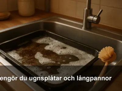 Ugnsplåt som blötläggs i hett vatten med diskmedel i diskhon, med skum och diskborste intill.