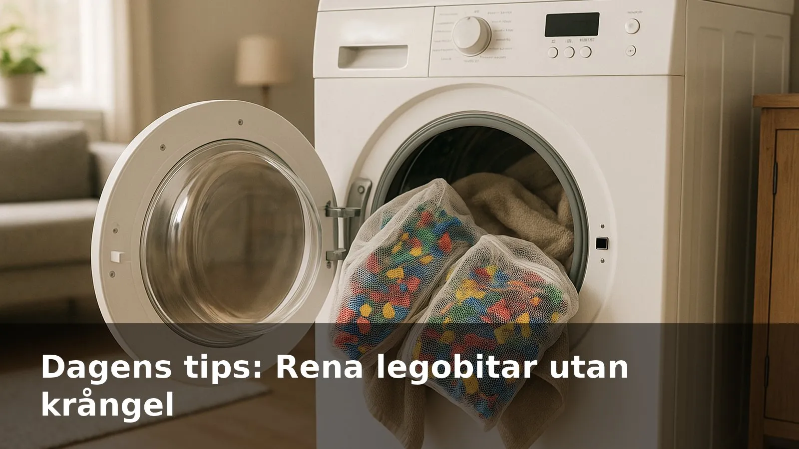 Nätpåsar fyllda med färgglada legobitar som ska tvättas skonsamt i tvättmaskinen.