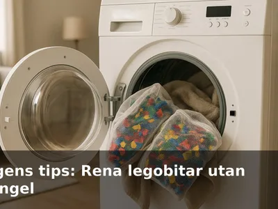 Nätpåsar fyllda med färgglada legobitar som ska tvättas skonsamt i tvättmaskinen.