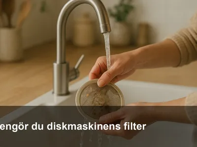 Närbild på ett diskmaskinsfilter som sköljs under kranen.