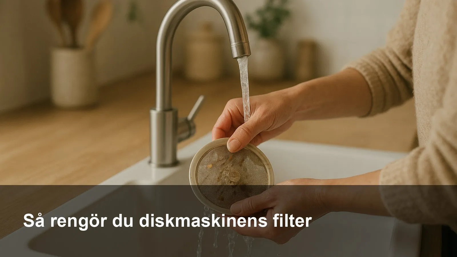 Närbild på ett diskmaskinsfilter som sköljs under kranen.