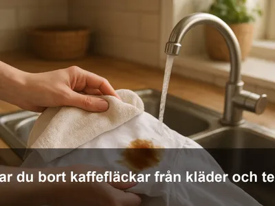 Hand baddar bort en färsk kaffefläck på en vit skjorta över en vask med kallt vatten