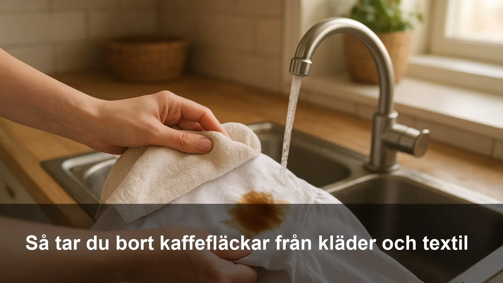 Hand baddar bort en färsk kaffefläck på en vit skjorta över en vask med kallt vatten