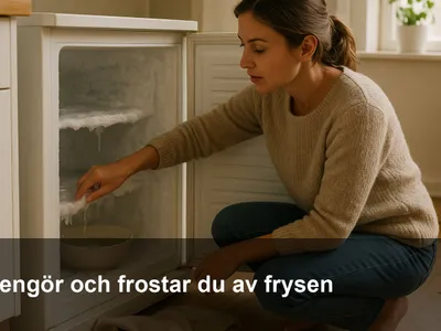 Frys som frostas av med handdukar på golvet och en skål med varmt vatten på en hylla.