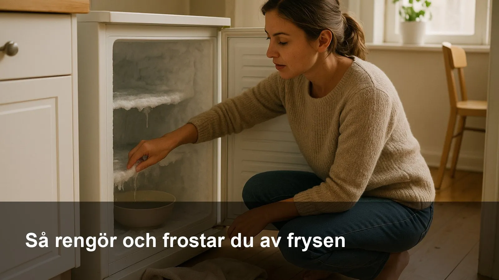 Frys som frostas av med handdukar på golvet och en skål med varmt vatten på en hylla.