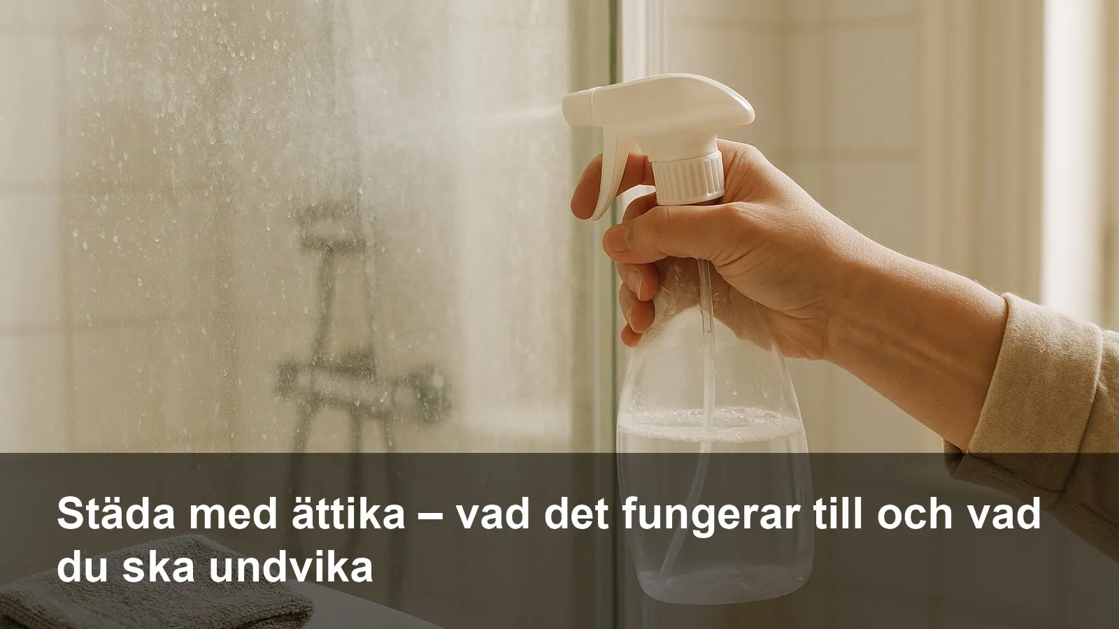En person sprayar utspädd ättika på en glasduschvägg med kalkfläckar