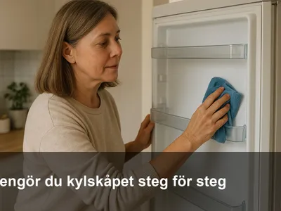 Person torkar insidan av ett kylskåp med en blå mikrofiberduk