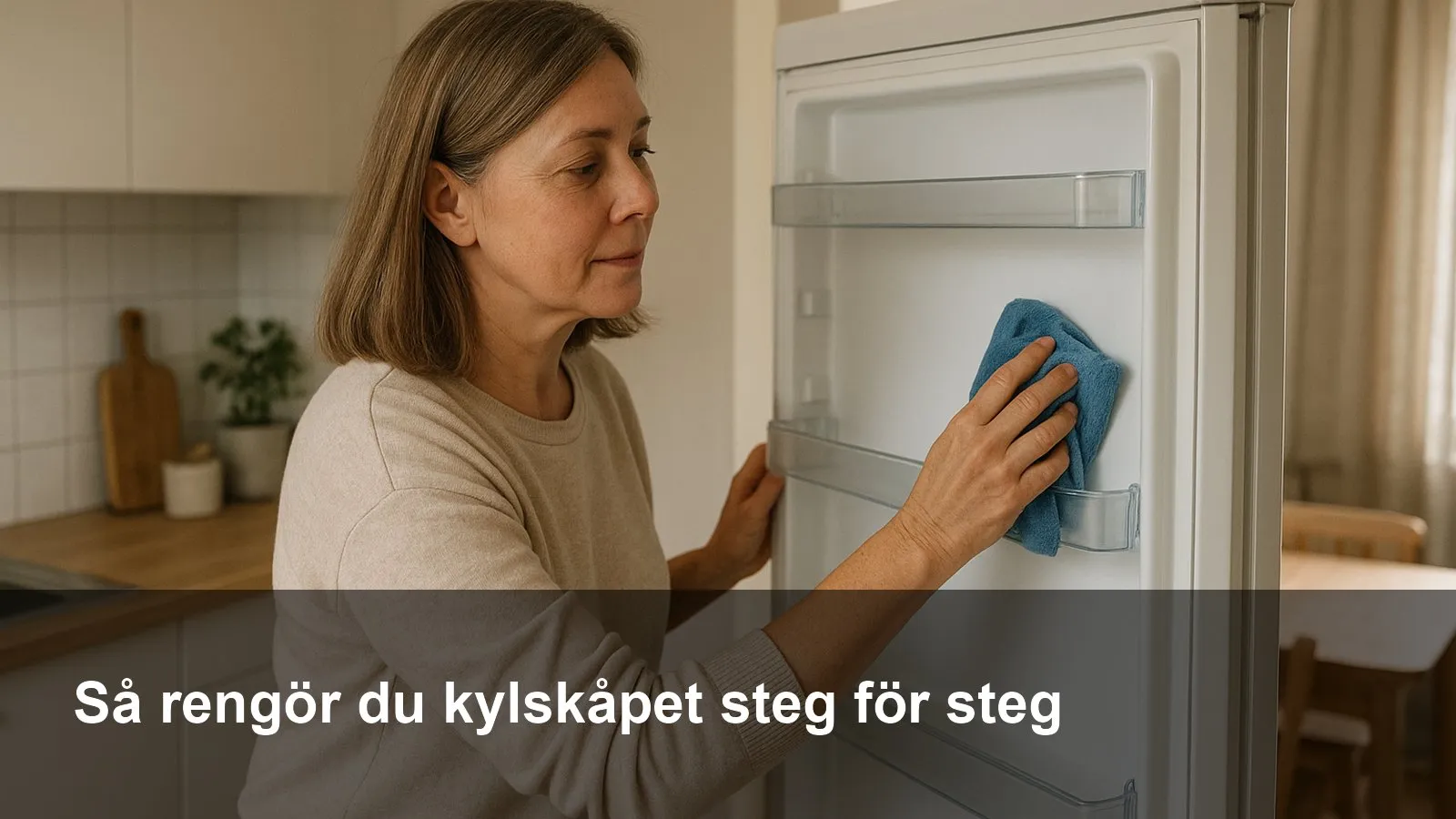 Person torkar insidan av ett kylskåp med en blå mikrofiberduk