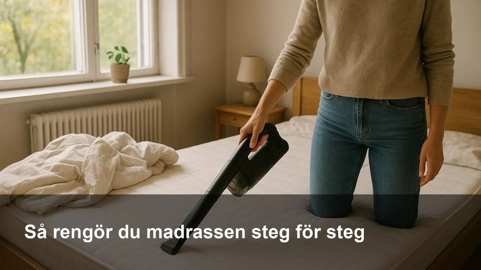En person dammsuger en avklädd madrass noggrant med ett smalt munstycke längs sömmarna.