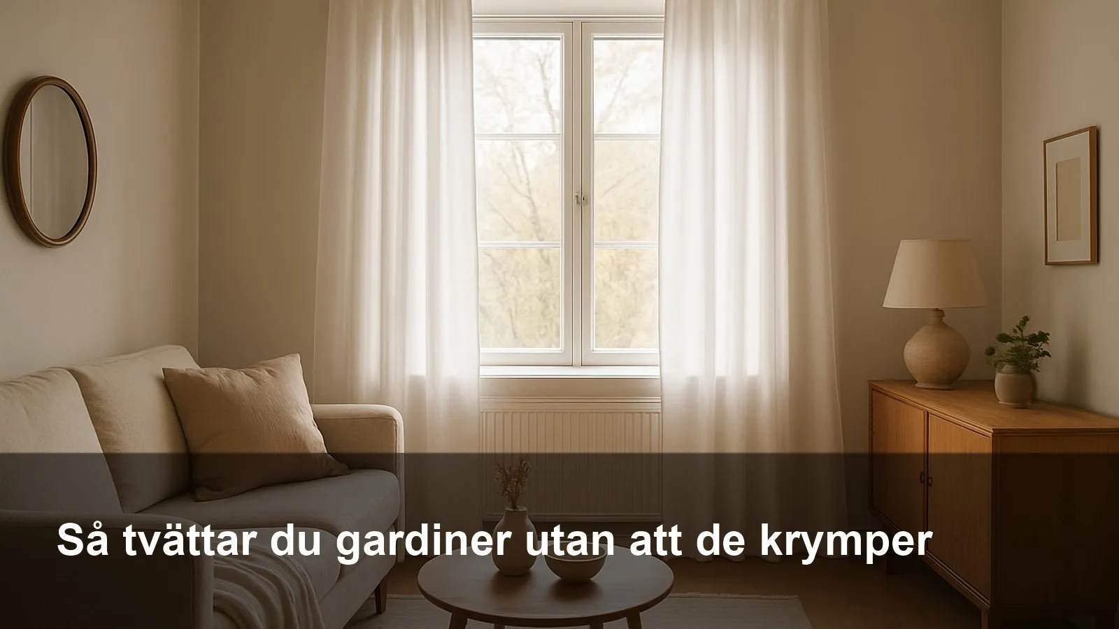 Ljust vardagsrumsfönster med vita gardiner som hänger slätt efter tvätt.