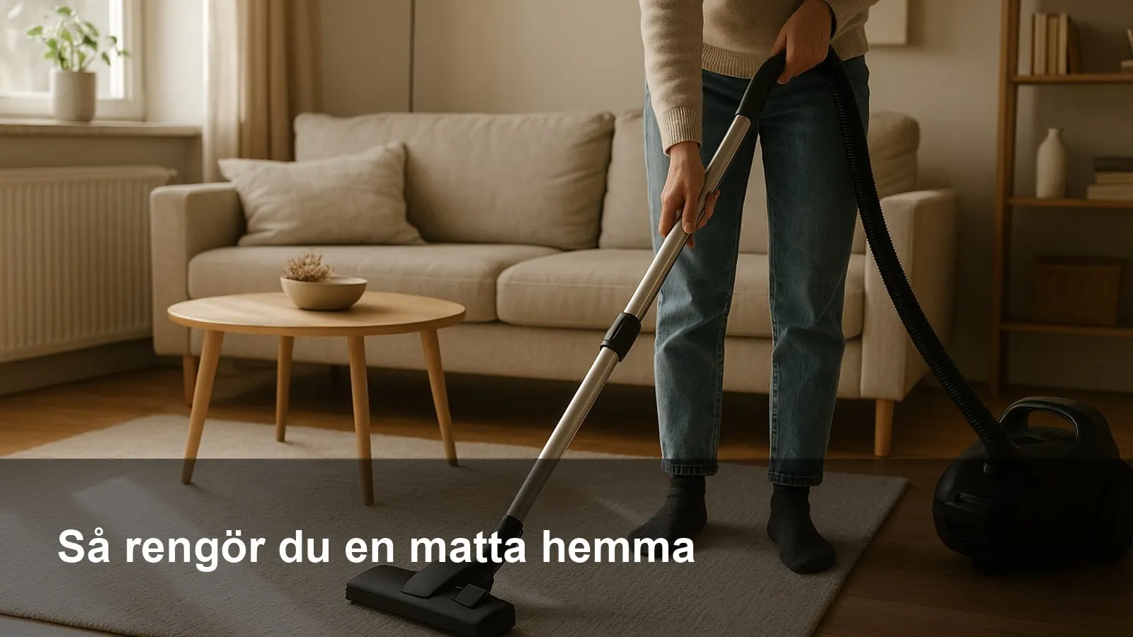 Person dammsuger en ljus ullmatta i ett soligt vardagsrum